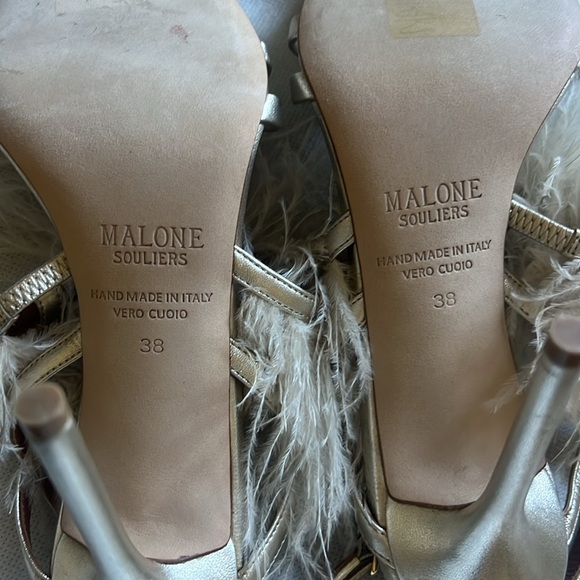 Malone Souliers Sonia Metallic Sandals with Ostrich Feathers New - Picture 9 of 9